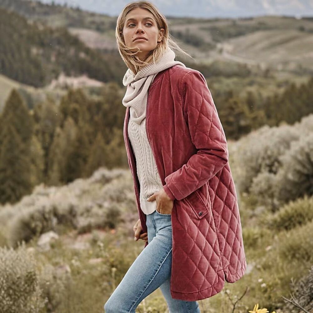 Garnet Hill Washed Velvet Quilted Coat Mauve Pink Size Medium Long Bomber Jacket